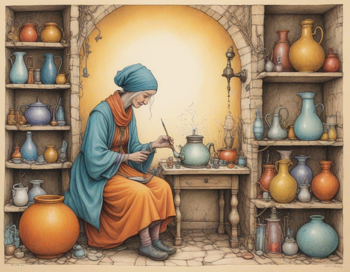 Abstract Cartoon Alchemist in Vibrant Complementary Colors