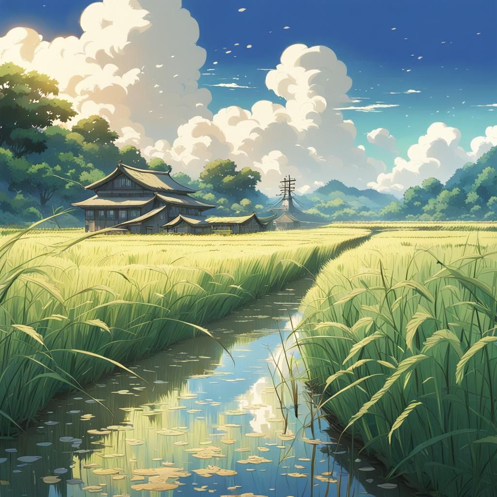 Rice Field in Studio Ghibli Anime Style