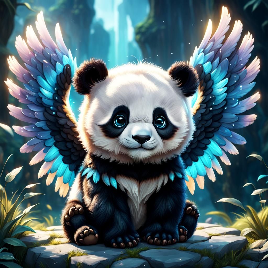 Fluffy Panda Angel: Detailed Matte Painting