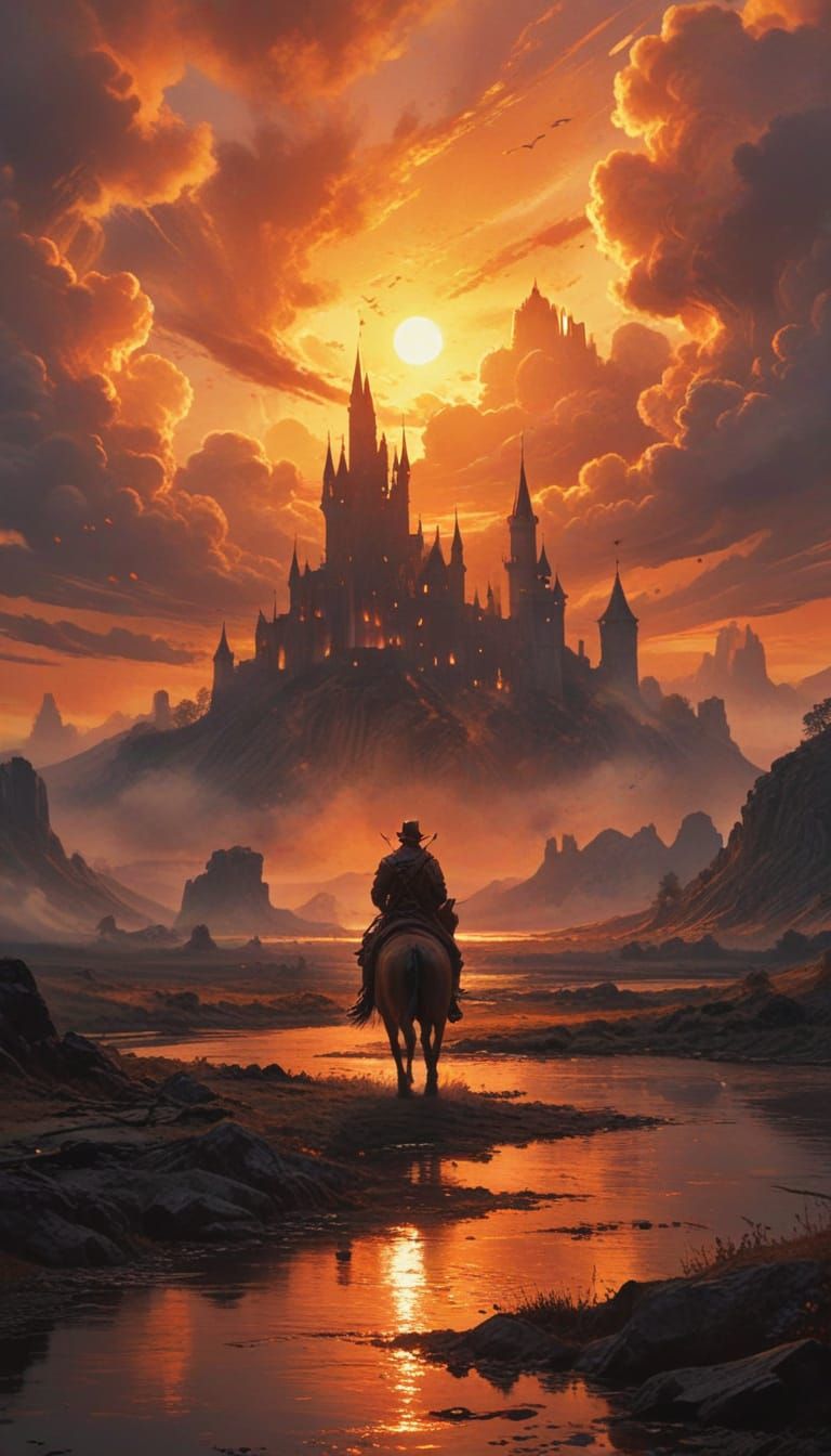 Fantasy Traveler Rides to Faraway Castle in Watercolor