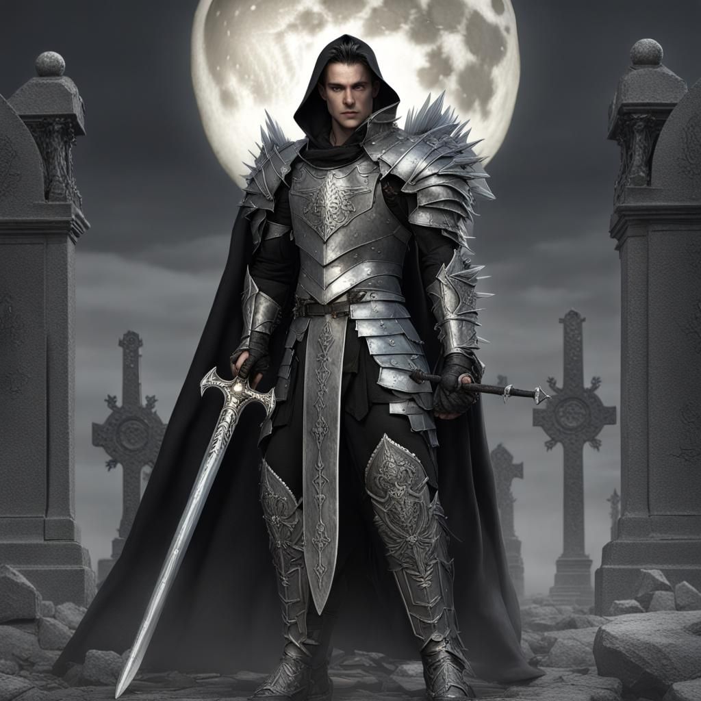 Fallen Aasimar Paladin of Shadows in Dark Armor