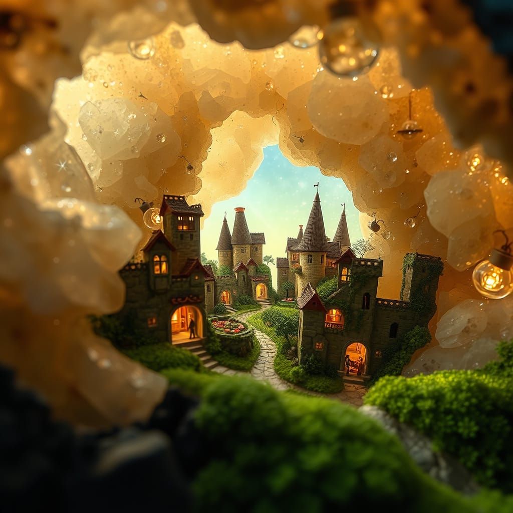 Miniature Geode City with Bioluminescent Moss