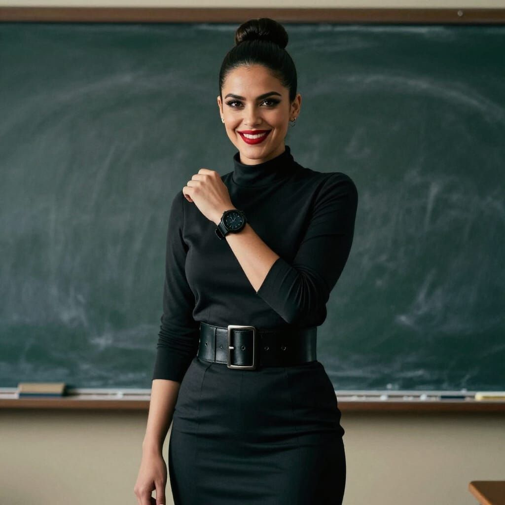 Strict Teacher With Commanding Smile in Classroom