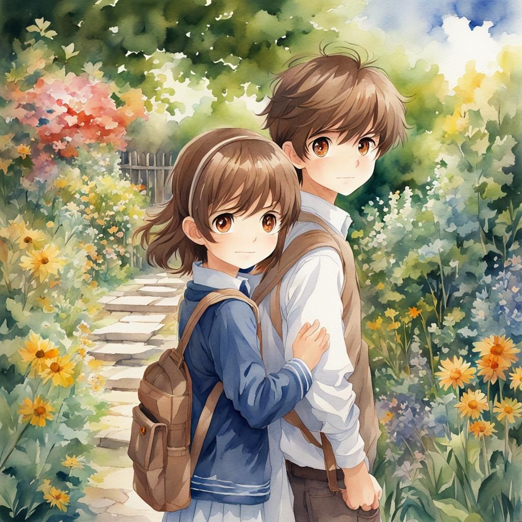 Anime Style Siblings in Watercolor Garden