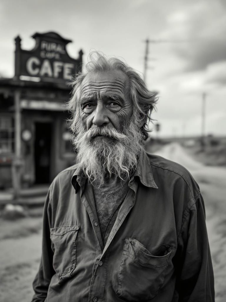 Weathered Man at Rural Cafe, Black and White Photography