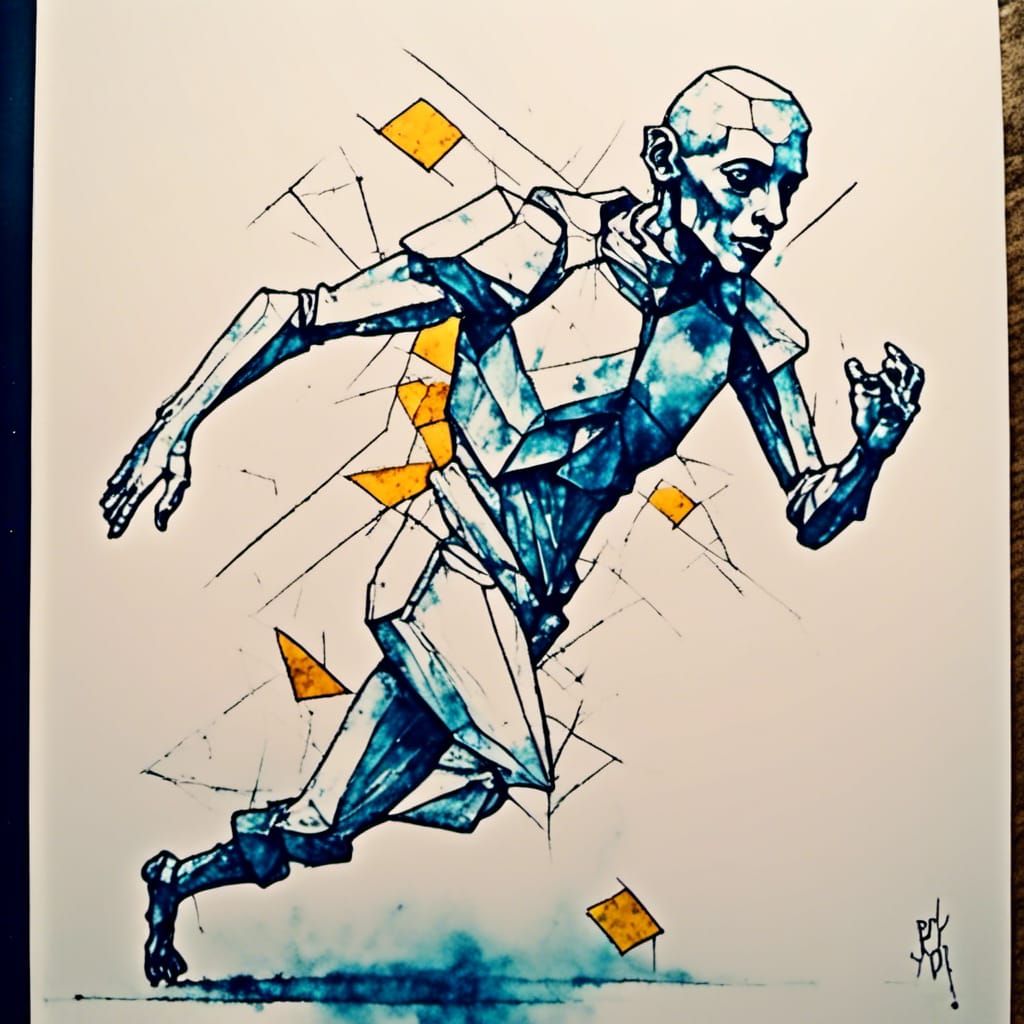 Futuristic Geometric Humanoid Runner in Sci-Fi Art