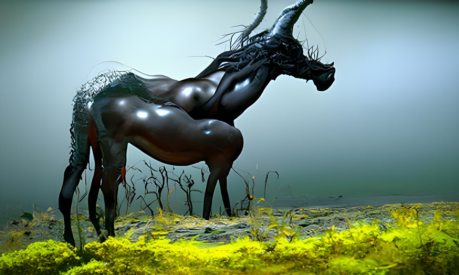 Wild Horse on Winding Road in Hyperrealistic Style