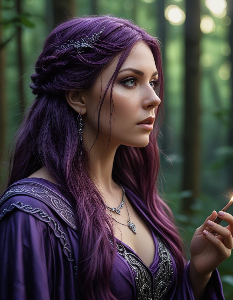 Sorceress Portrait in Mystical Forest, Digital Art