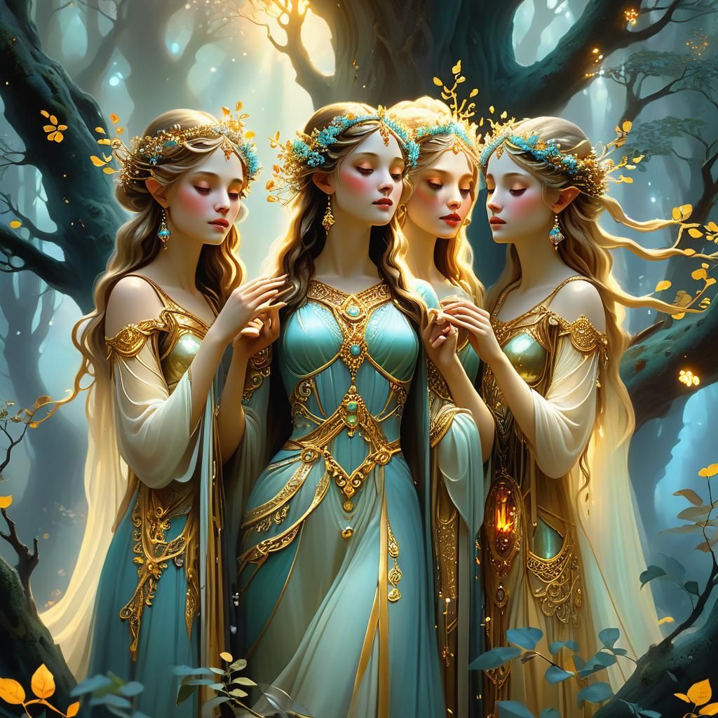 Goddesses of Fate in Ethereal Forest Art