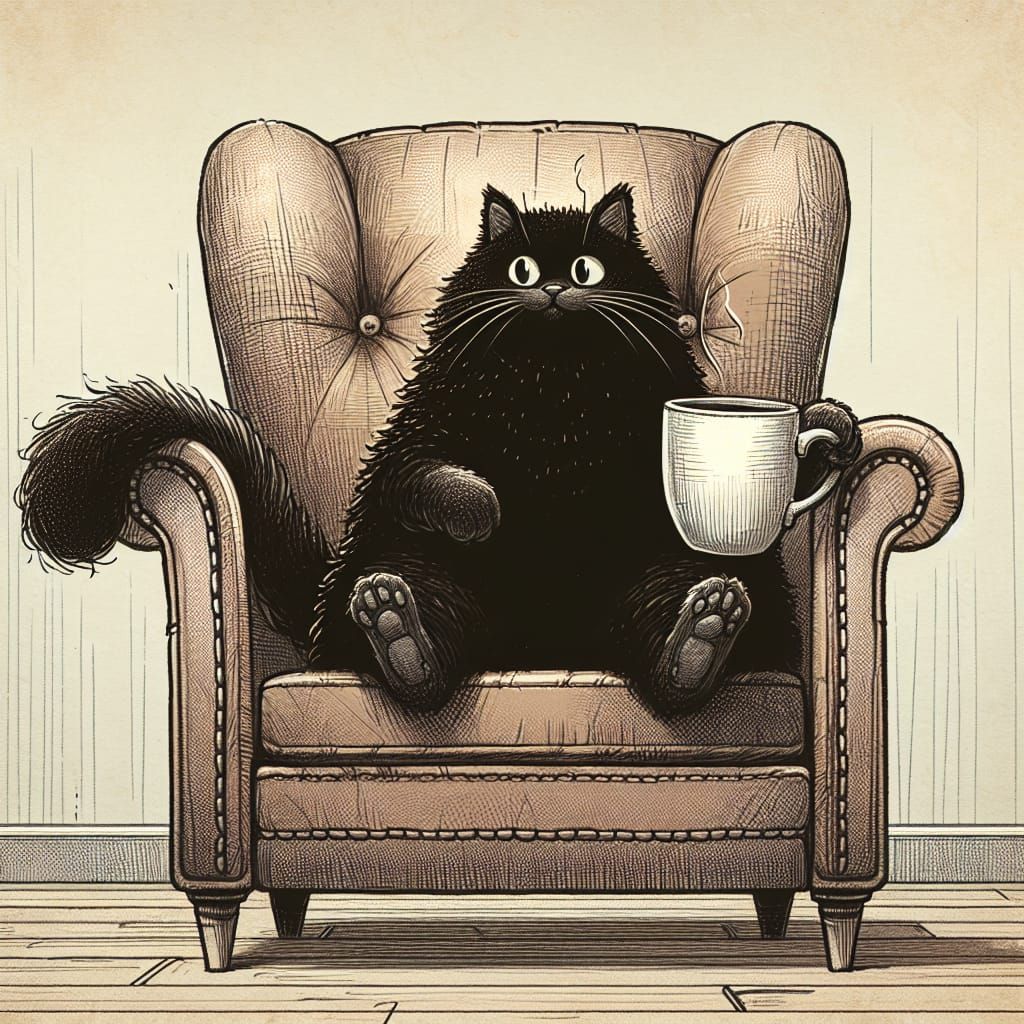 Cartoon Black Cat in Armchair with Coffee