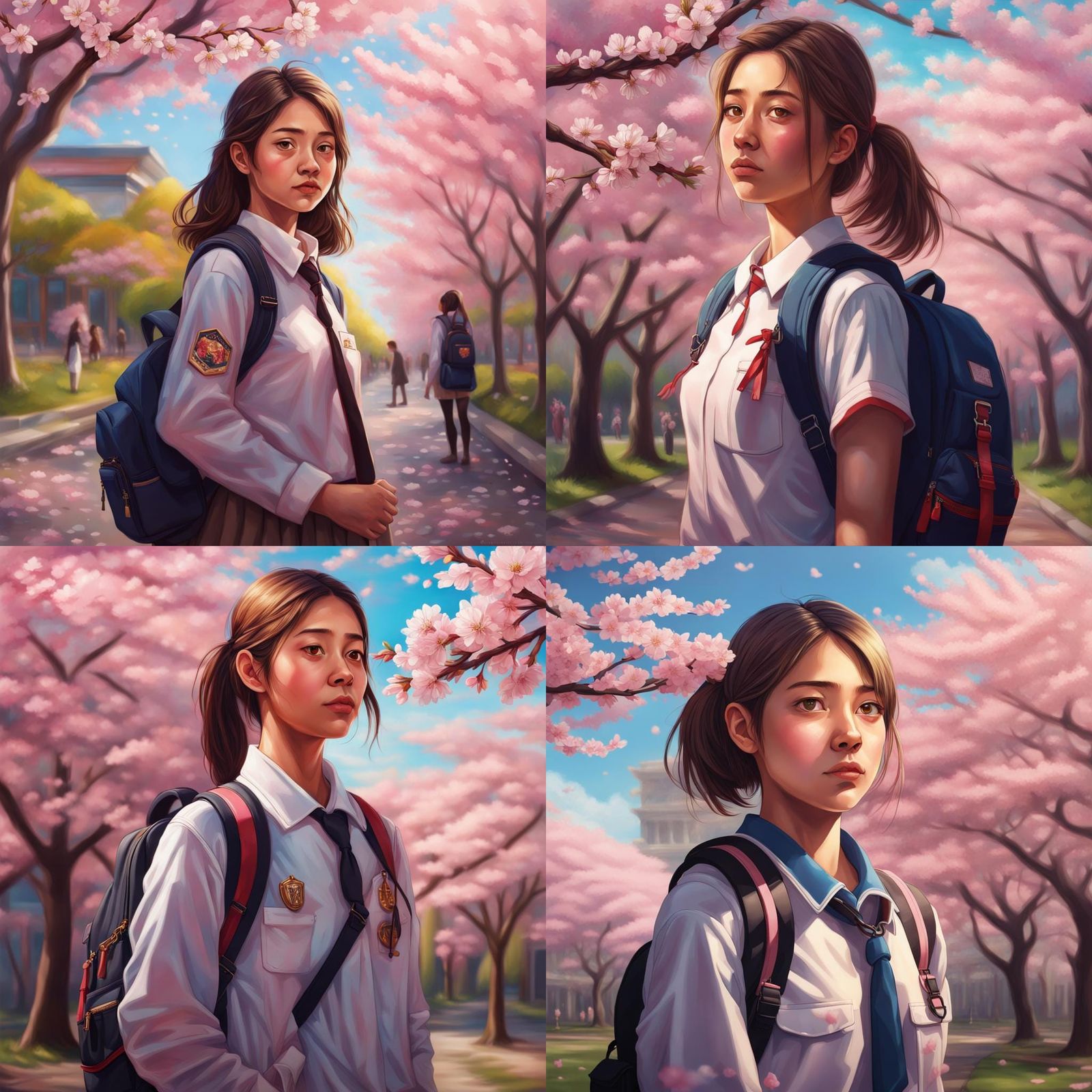 Girl in School Uniform by Cherry Blossom Trees