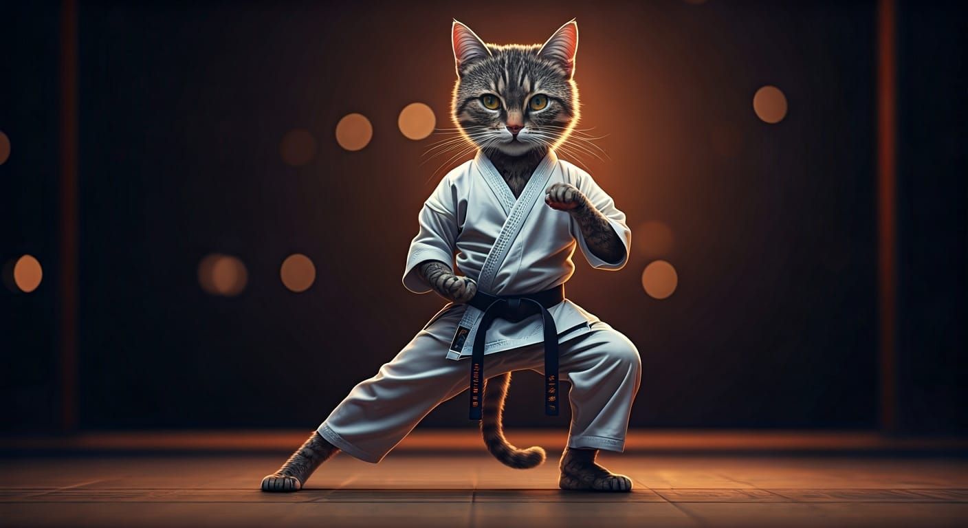 Anthropomorphic Cats Practicing Karate in Vintage Style