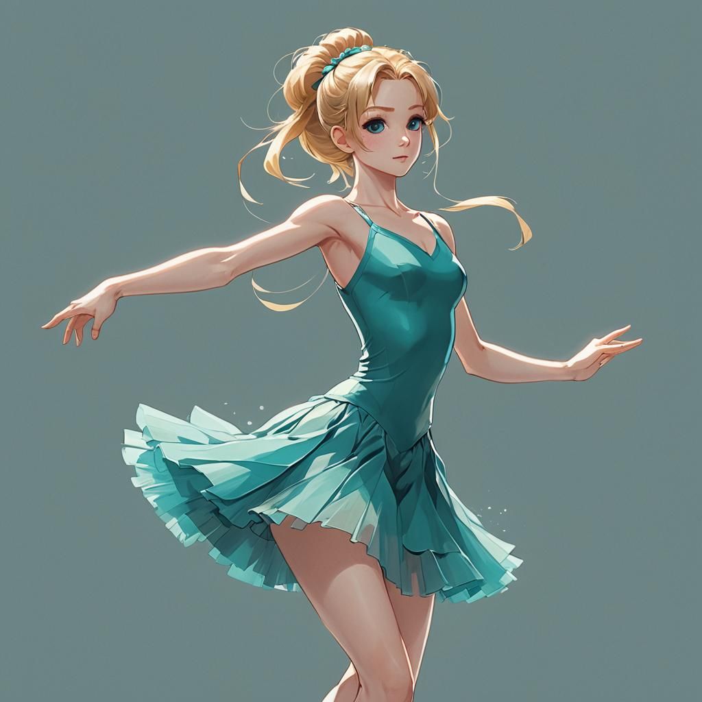 Anime Ballerina in Turquoise Tutu: Cel-Shaded Art