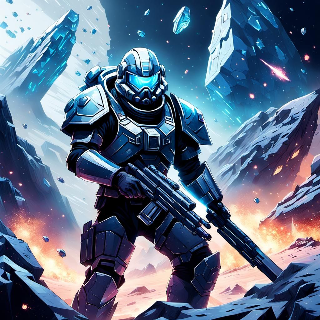 Crystalline Battlefield: Futuristic Soldier in Epic 3D Rende...