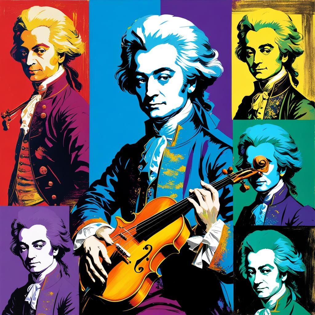 Vibrant Pop Art Mozart Collage in Sumi-e Style