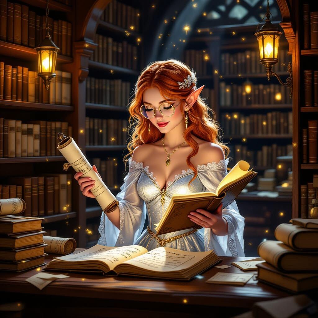 Magical Scroll Shop with Elf Sorceress, Digital Painting