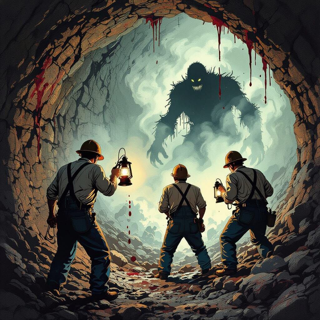 Eerie 1912 Mine with Miners and Shadow Monster