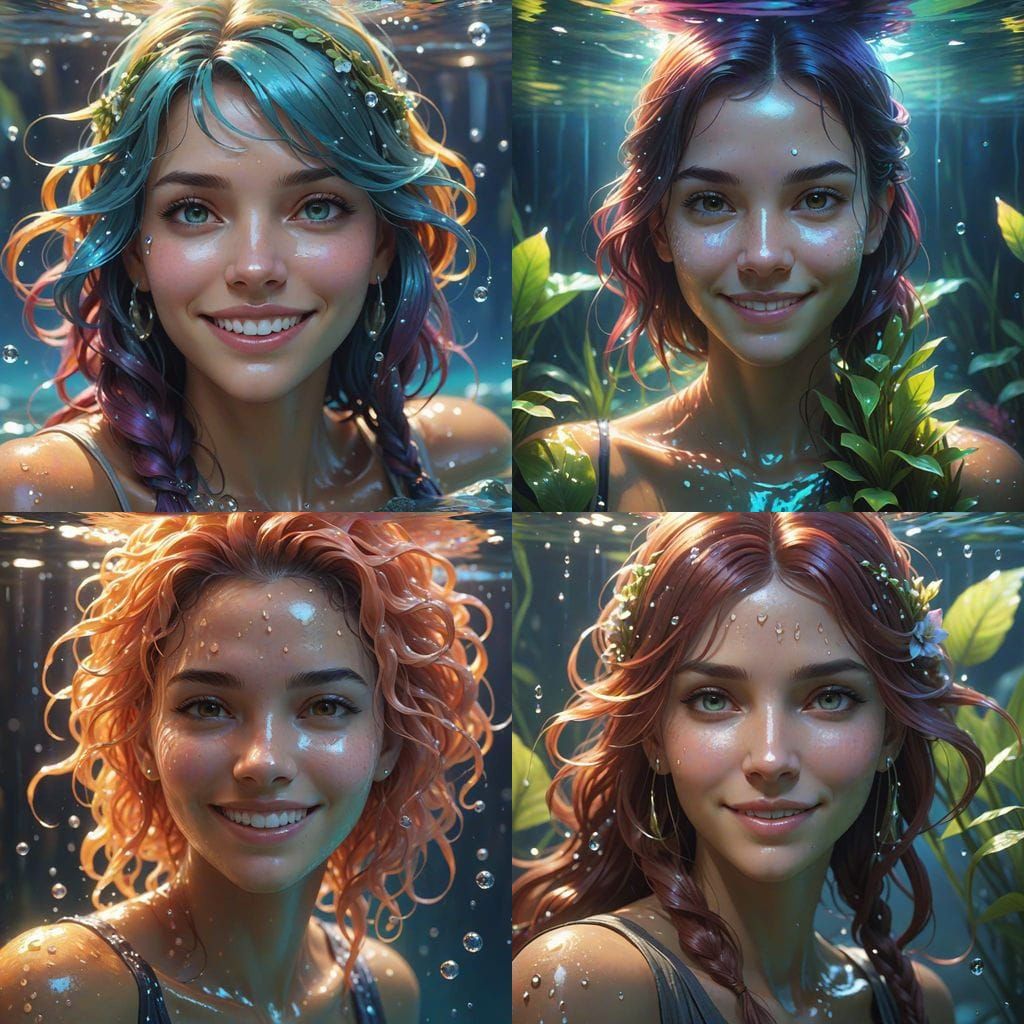 Underwater Portrait of Smiling Girl in Splash Art Style