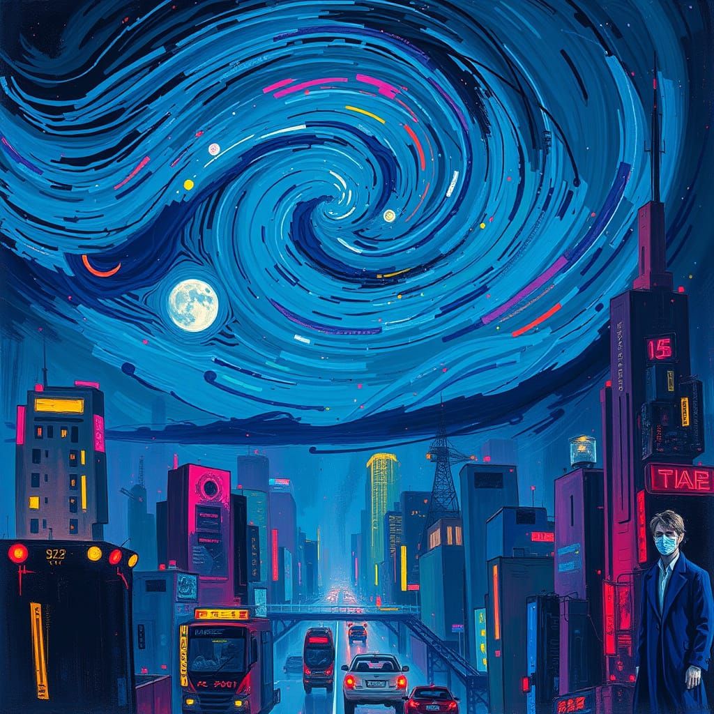 Cyberpunk Cityscape with Swirling Night Sky as Impressionist...