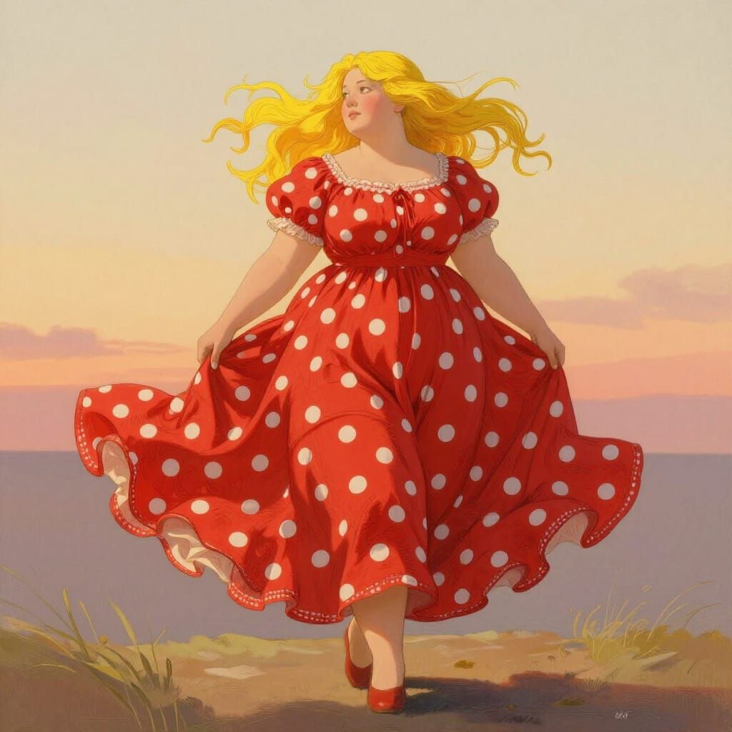 Woman in Red Polka Dot Dress in Breezy Setting