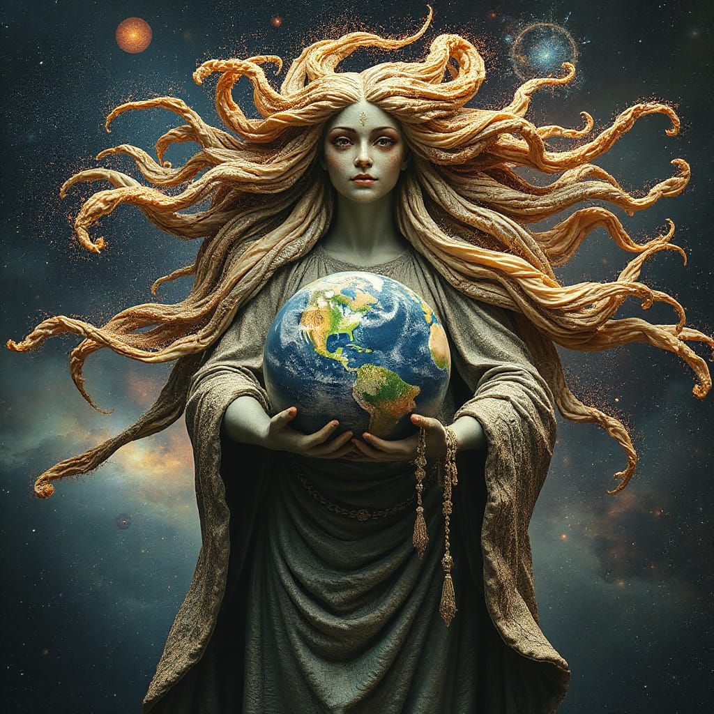 Earth Goddess Cradling Planet in Surreal Style