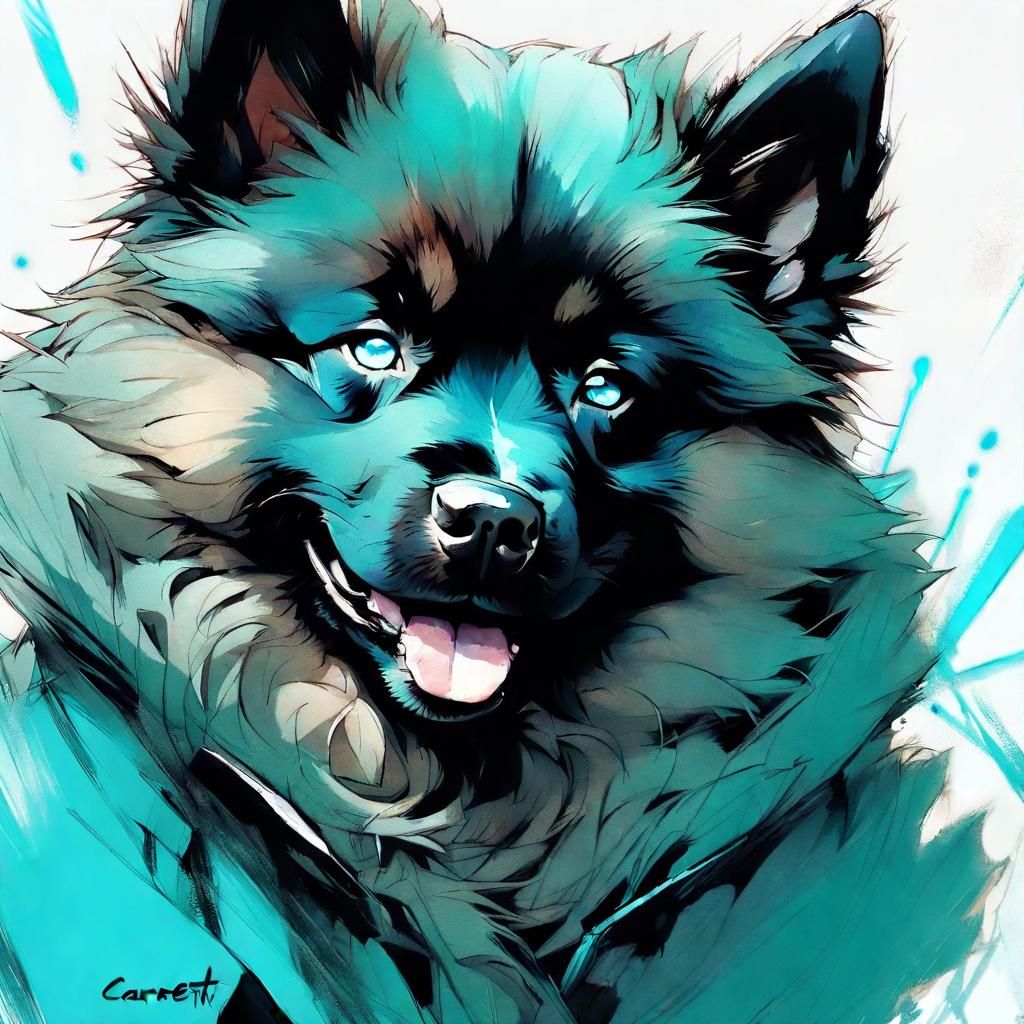 Chibi Black Akita Puppy Portrait in Detailed Concept Art