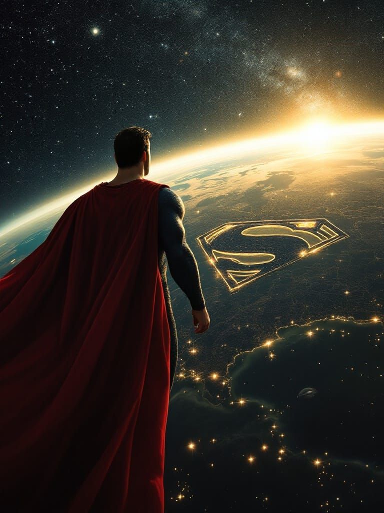 Superman Standing in Cosmic Glory with Blowing Cape
