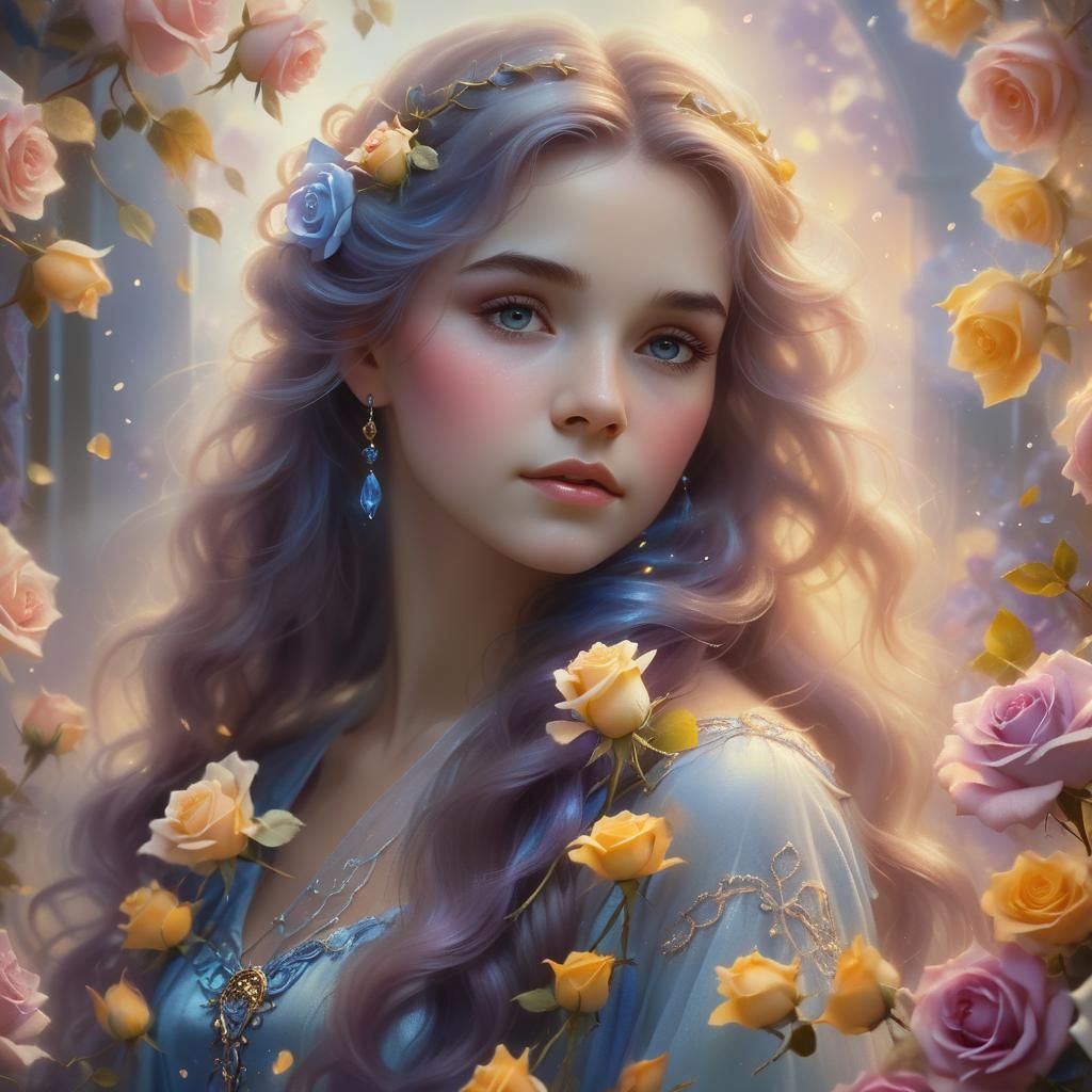 Ethereal Woman Creates Blue Roses: Fantasy Portrait