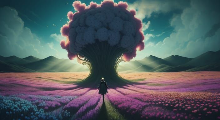 Flower Monster Walks Through Meadow in Vaporwave Style