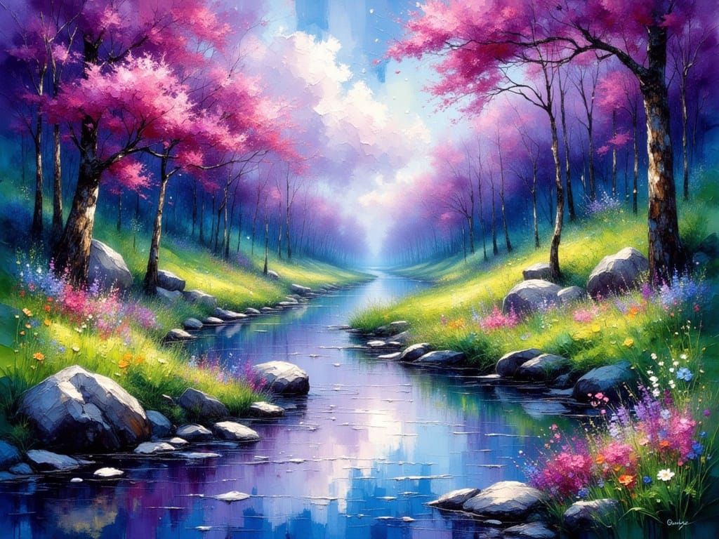 Vibrant River Scene as Impasto Painting