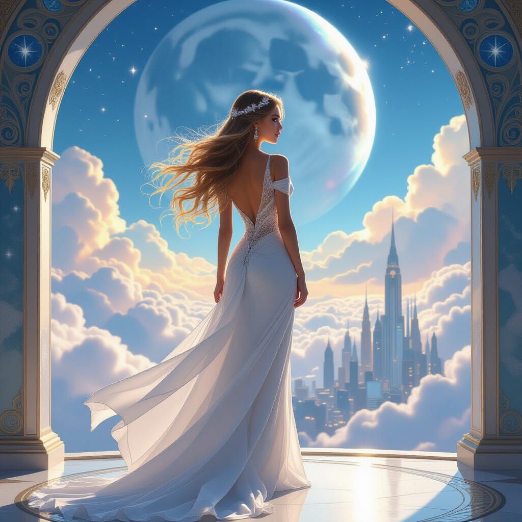 Celestial Woman on Cloud Planet in Art Nouveau Style