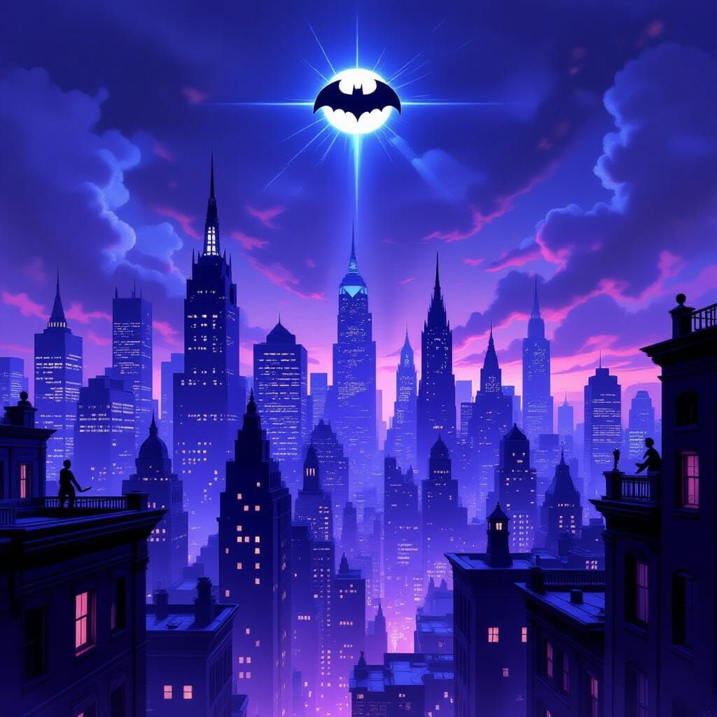 Gotham City Skyline Mosaic in Violet Glass