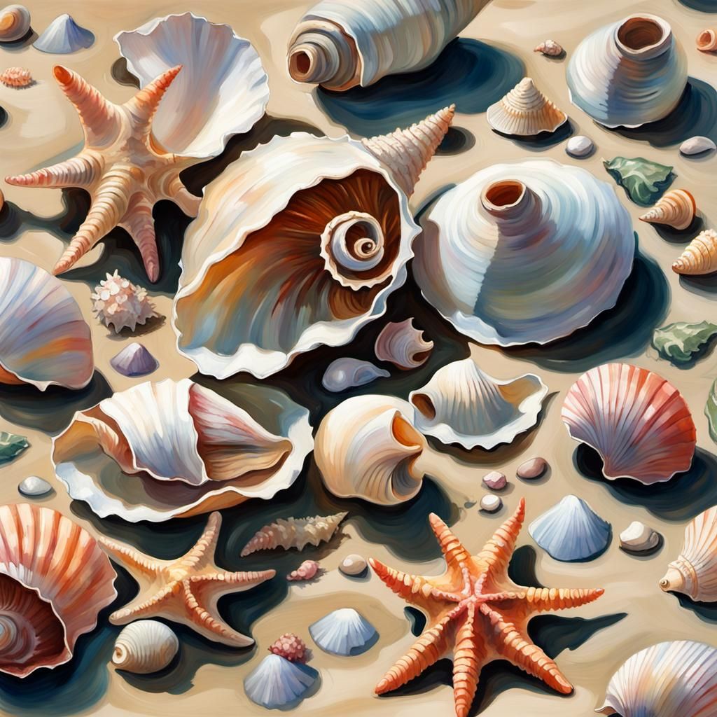 Seashells on Beach in Gouache and Watercolor Style