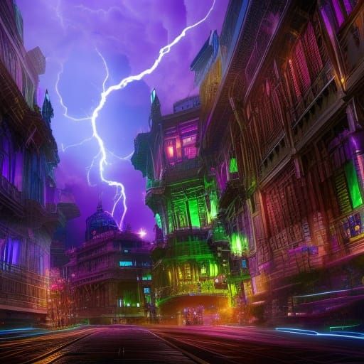 Electric Lightning Illuminates a Neon Cityscape
