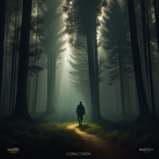 Cinematic Warrior in Dark Forest, Digital Art