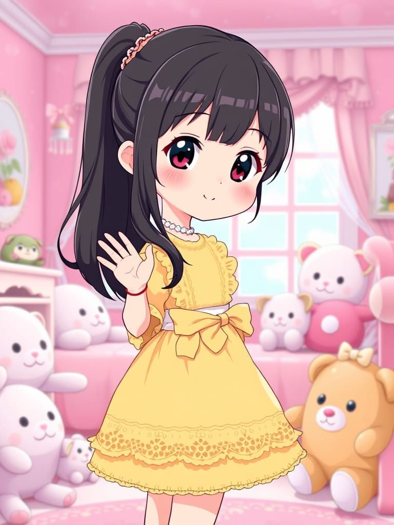 Whimsical Moe Anime Girl in Pastel Bedroom