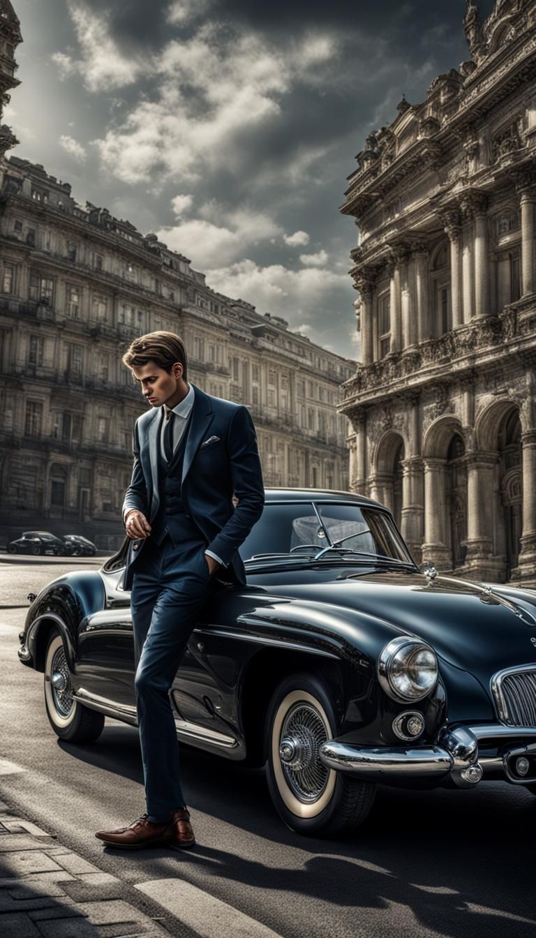 Charming Boy in Luxury Car: Hyperrealistic Image