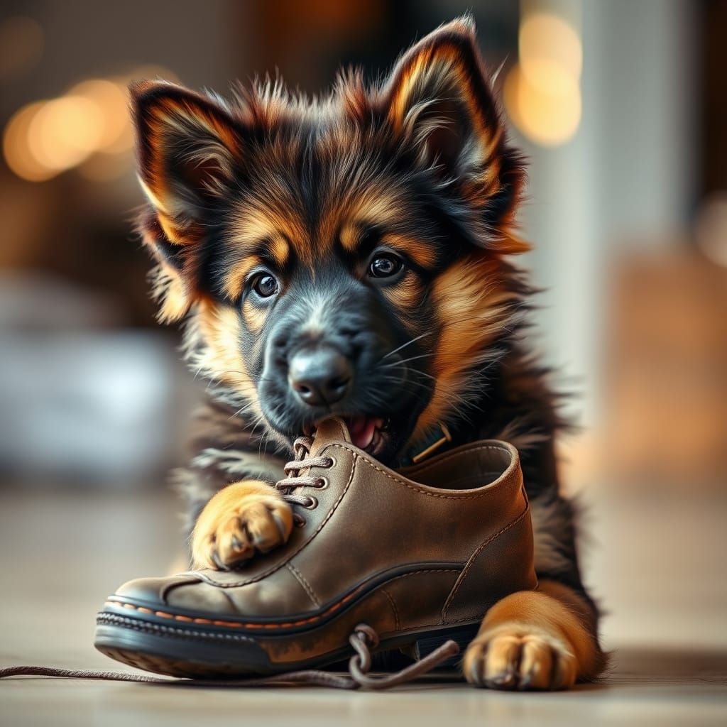 Cute German Shepherd Puppy with Shoe Portrait
