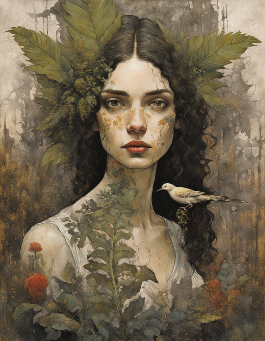 Vivid Gothic Portrait of a Young Maiden in a Floral Scene