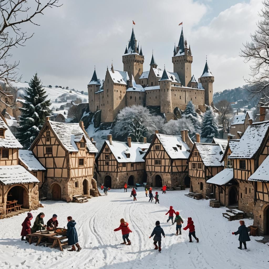 Snowy Medieval Village with Children Playing