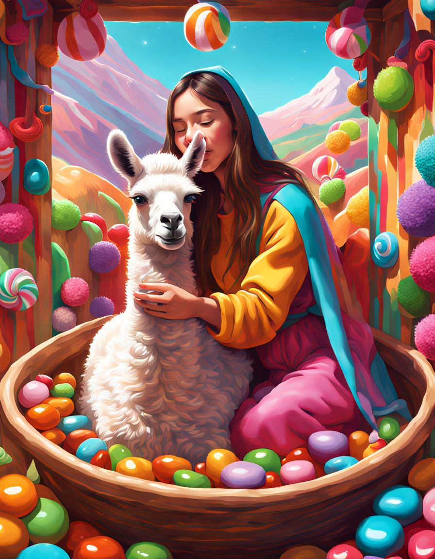 A lama in a manger with a girl petting him  Candy art style!...