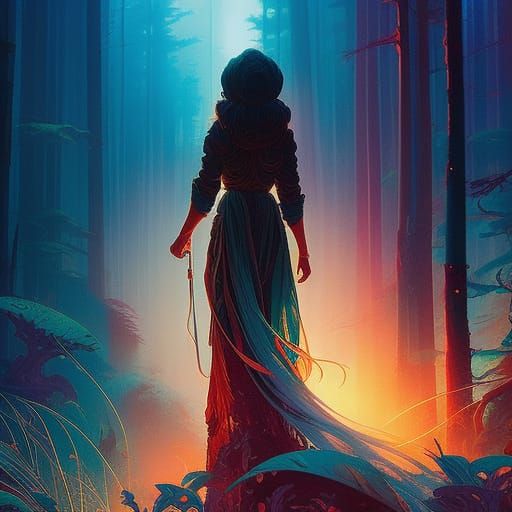 Mystical Woman in Mist: Detailed Digital Gouache Art