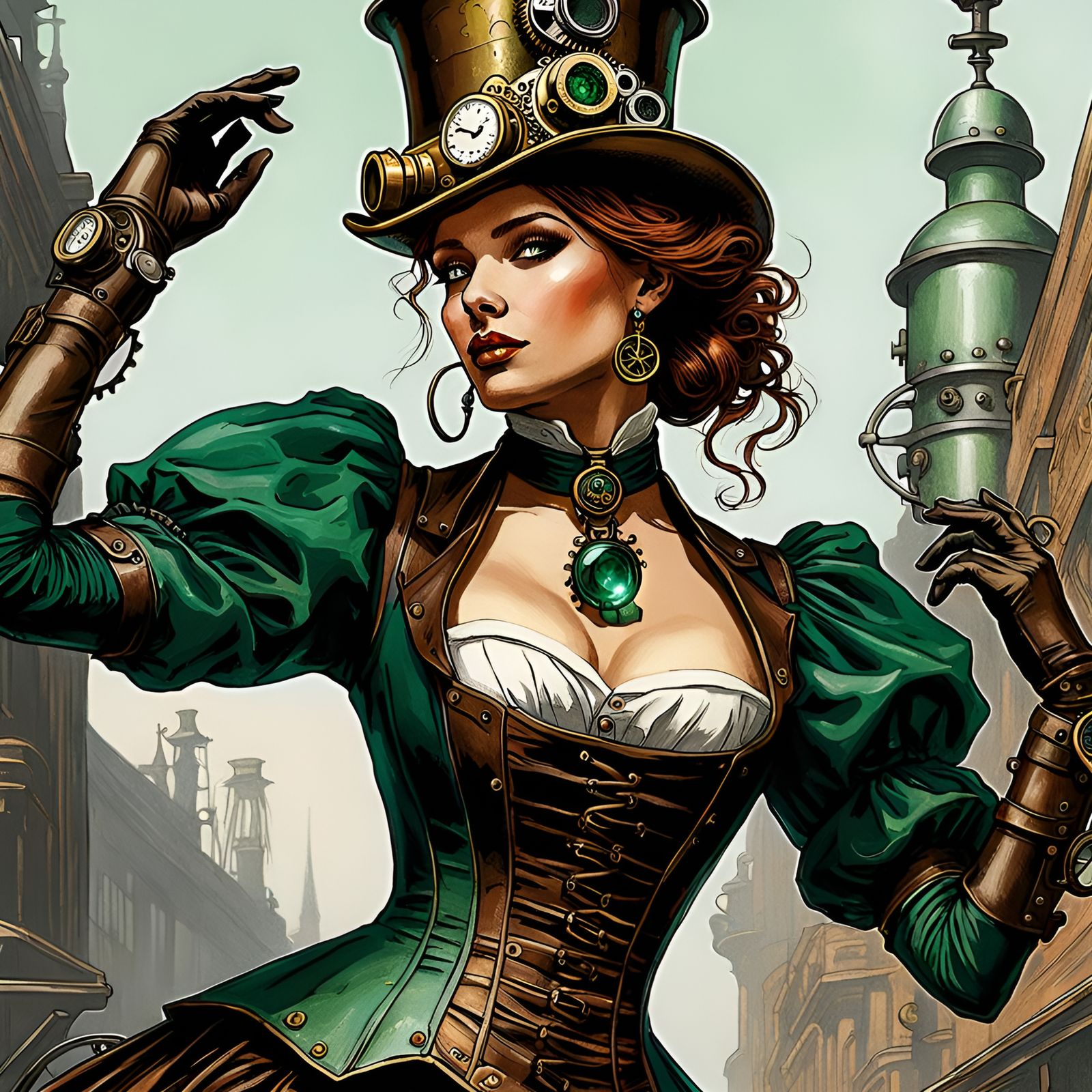 Steampunk Woman Dancing, Chrome and Emerald Illustration