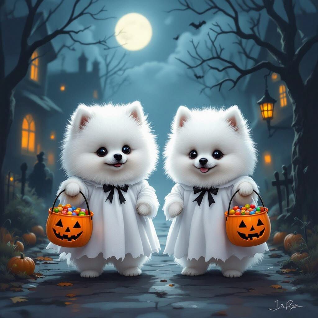 Pomeranians in Ghost Costumes Trick-or-Treating on Halloween...