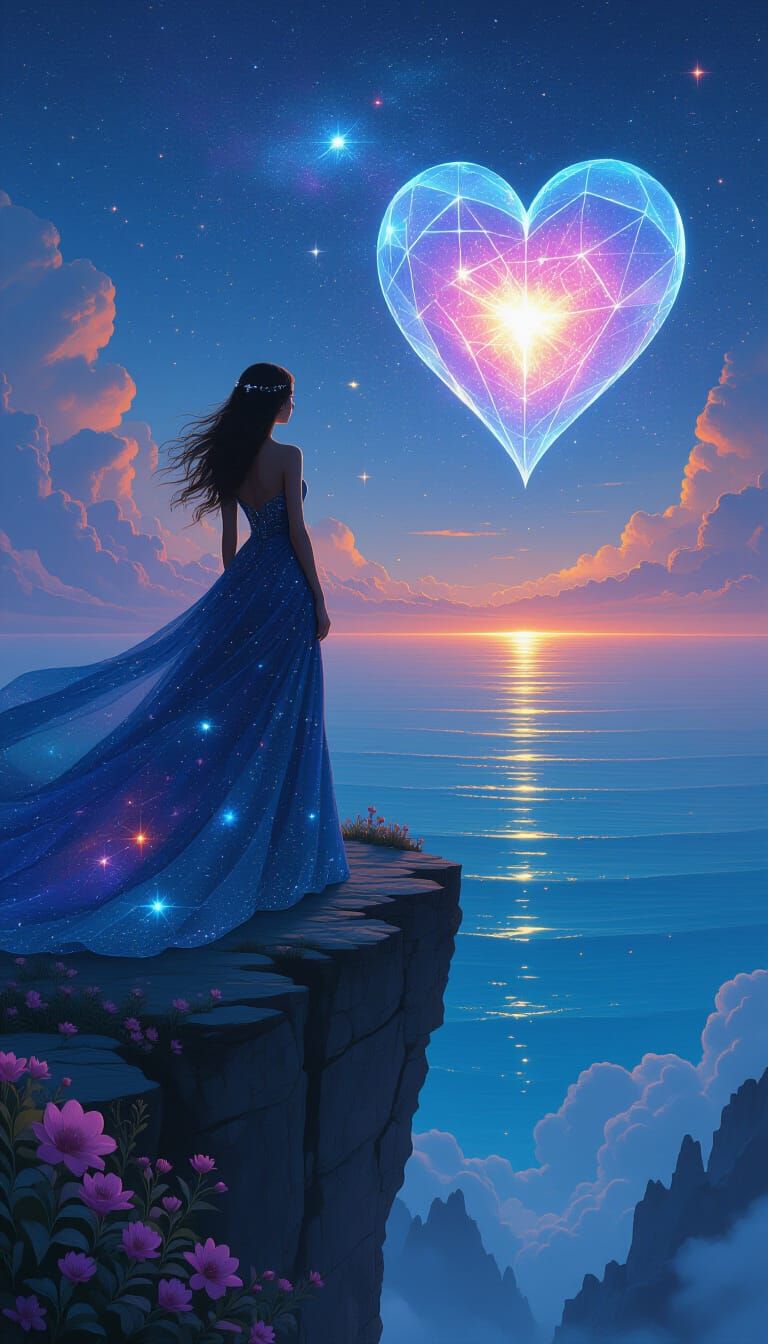 Cosmic Woman Overlooking a Luminous Ocean