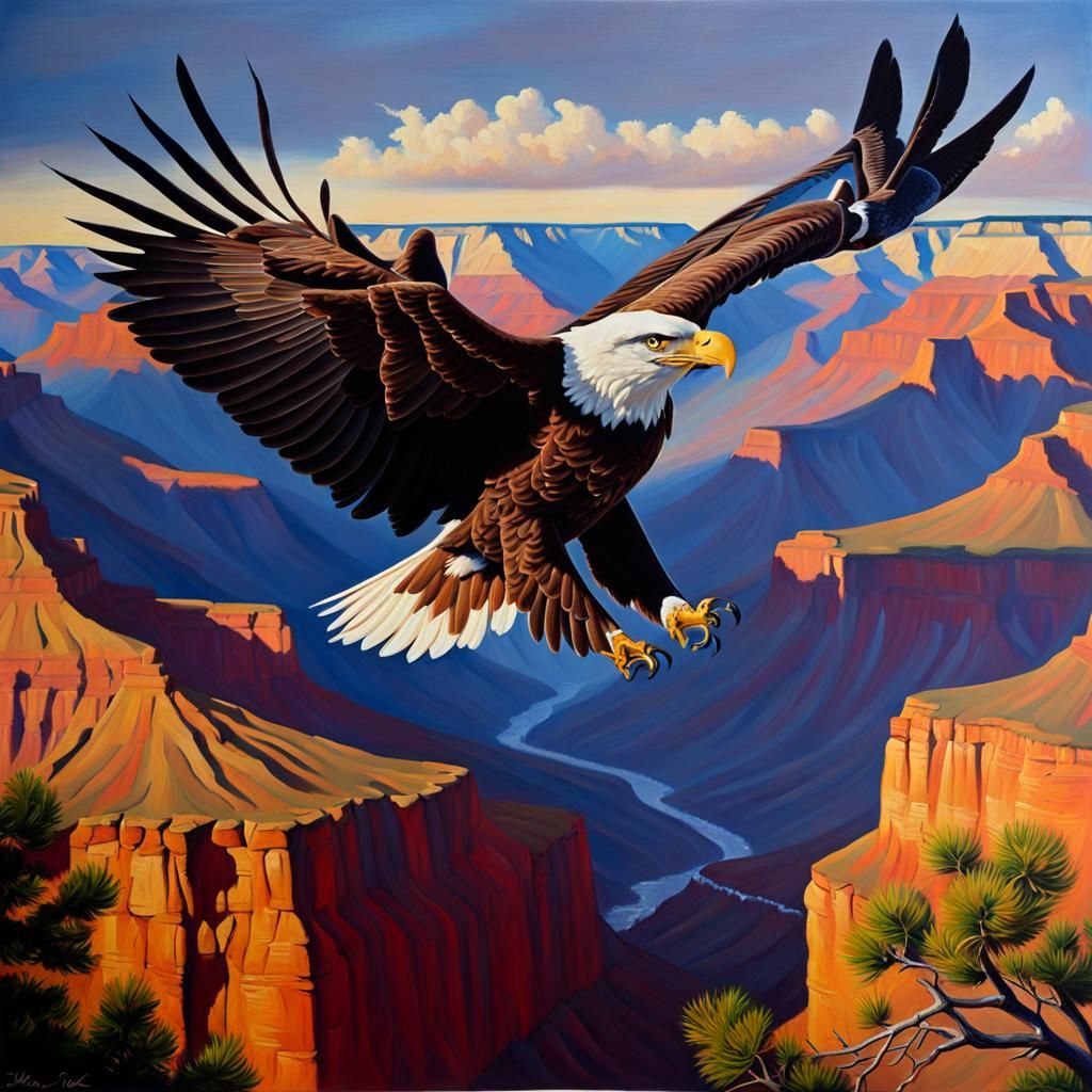 Bald Eagle Over Grand Canyon: Oil Painting