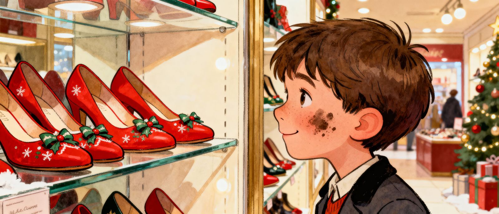 Boy Gazes at Red Christmas Shoes in Store