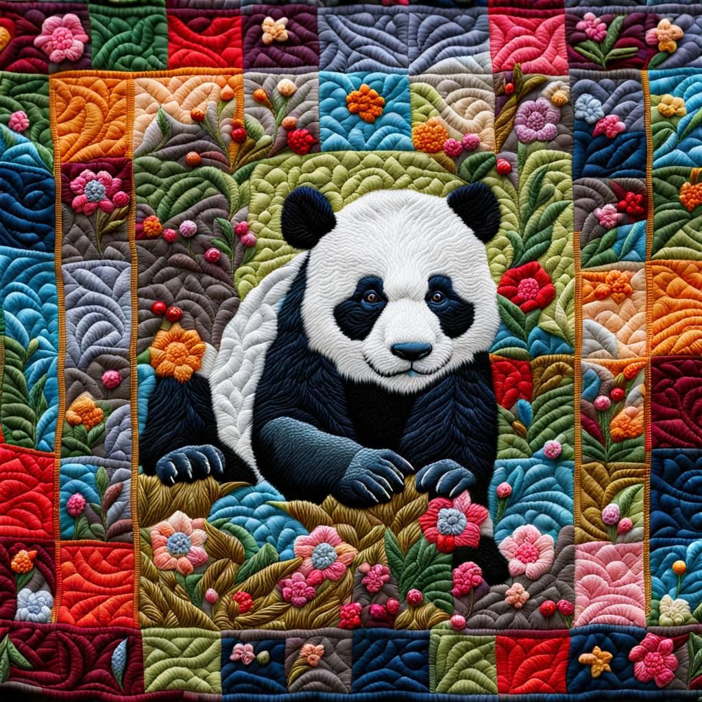 Detailed Panda Embroidery on Quilted Patchwork Blanket