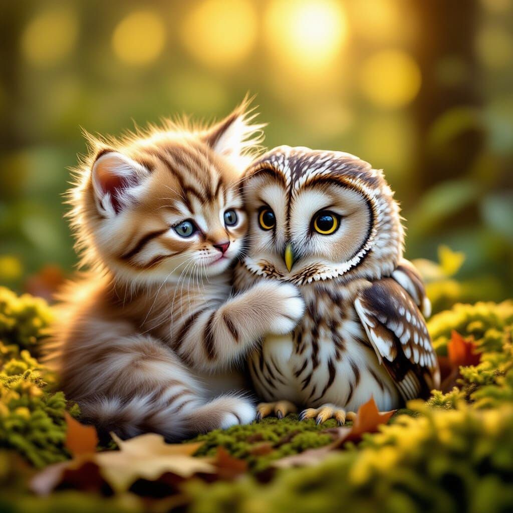 Touching Kitten and Owl Snuggle in Forest