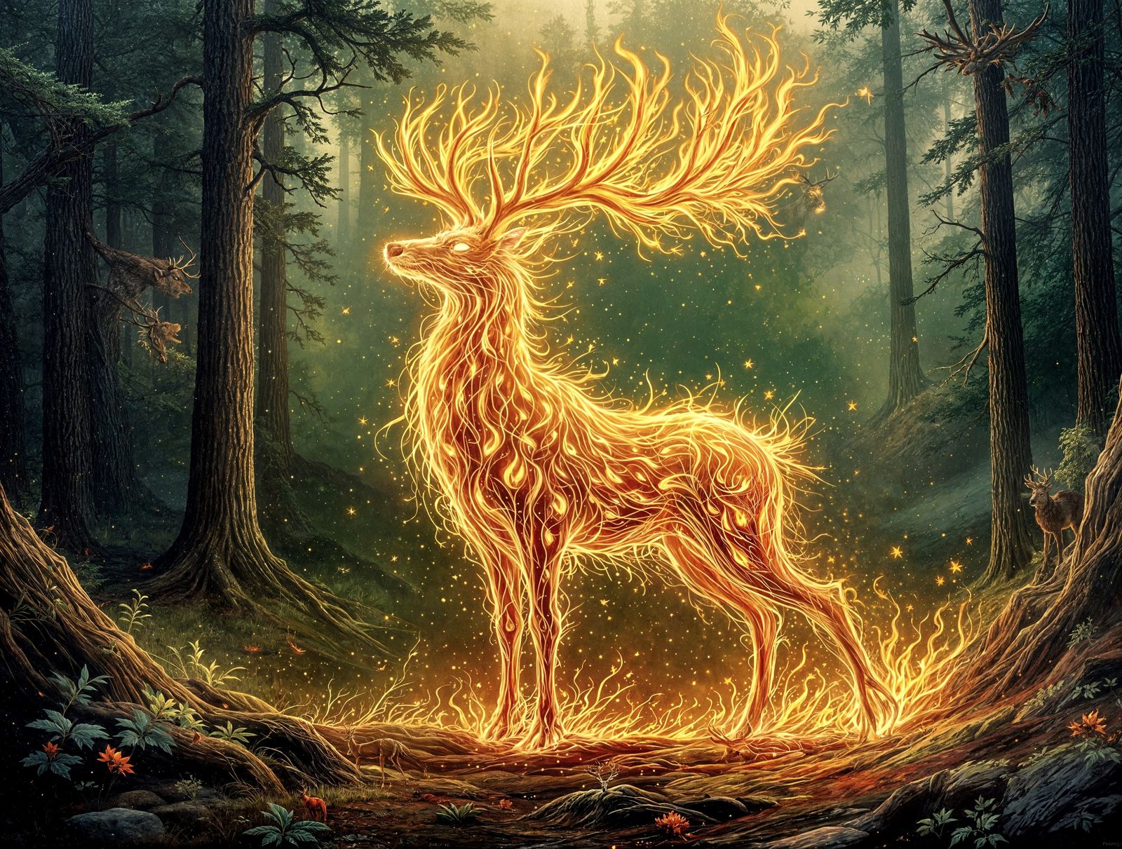 Fiery Reindeer in Forest: Oil Gouache and Acrylic